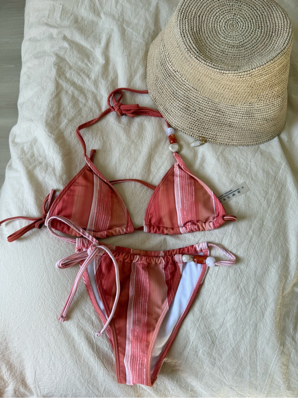 COMMENSE Coral Watercolor Stripe Beaded Triangle Bikini Set S